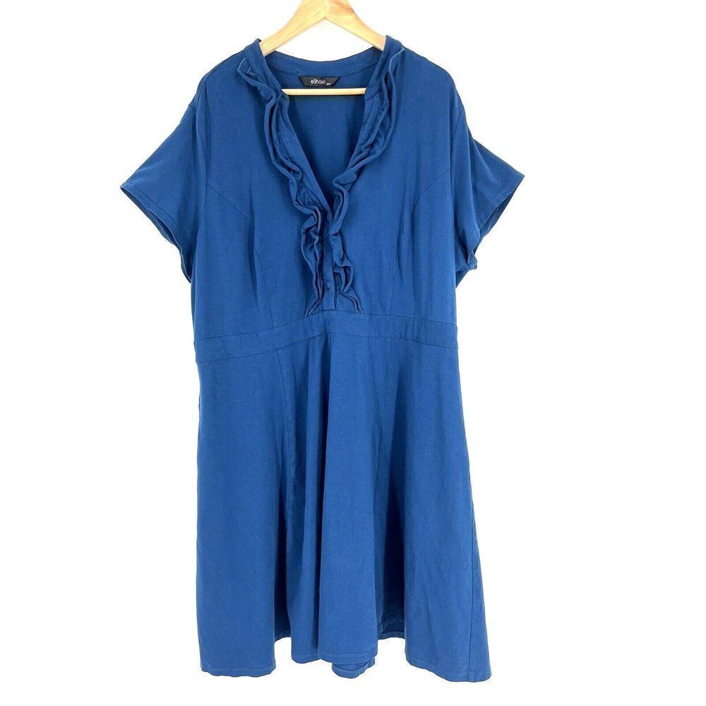 Eshakti Dress Size 22W Womens Blue Ruffle A Line Boho Stretch Knit Pockets